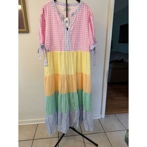 ENGLISH FACTORY Women's 3XL Short Puff Sleeve 3 Tier Dress Piping Detail NWT